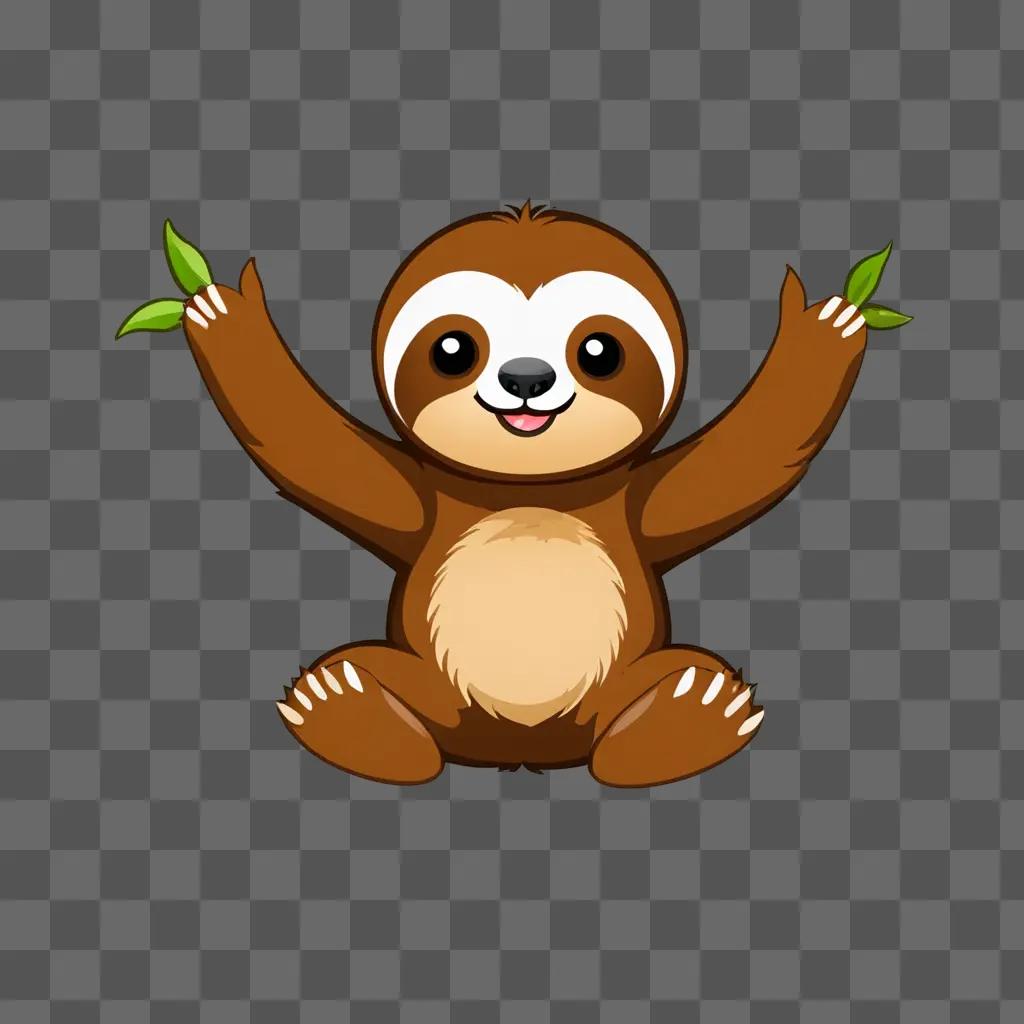 A cute sloth cartoon holds two green leaves in its hands