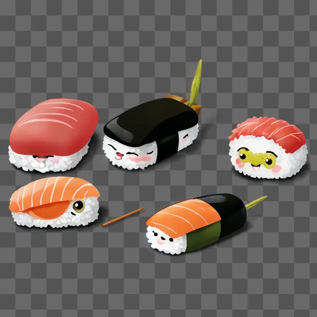 A cute sushi drawing on a brown surface