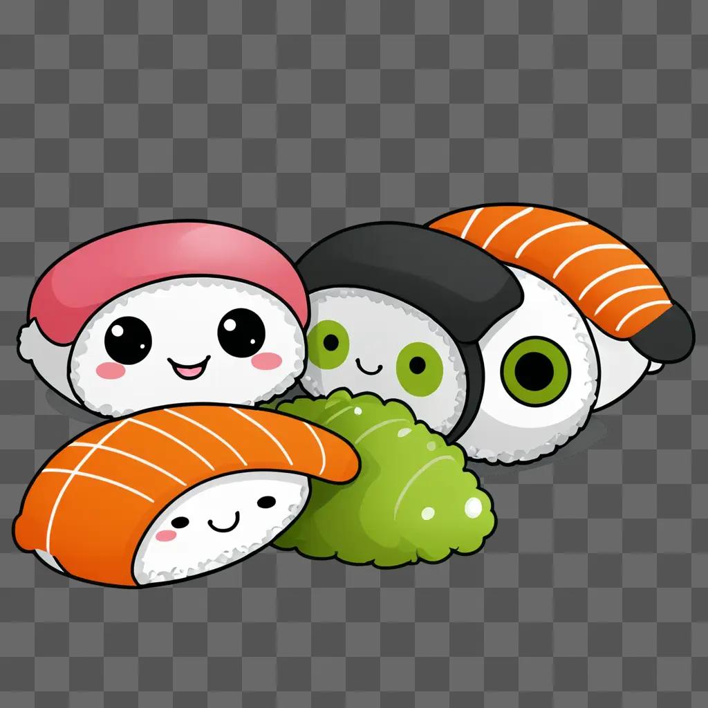 A cute sushi drawing with a bunch of sushi