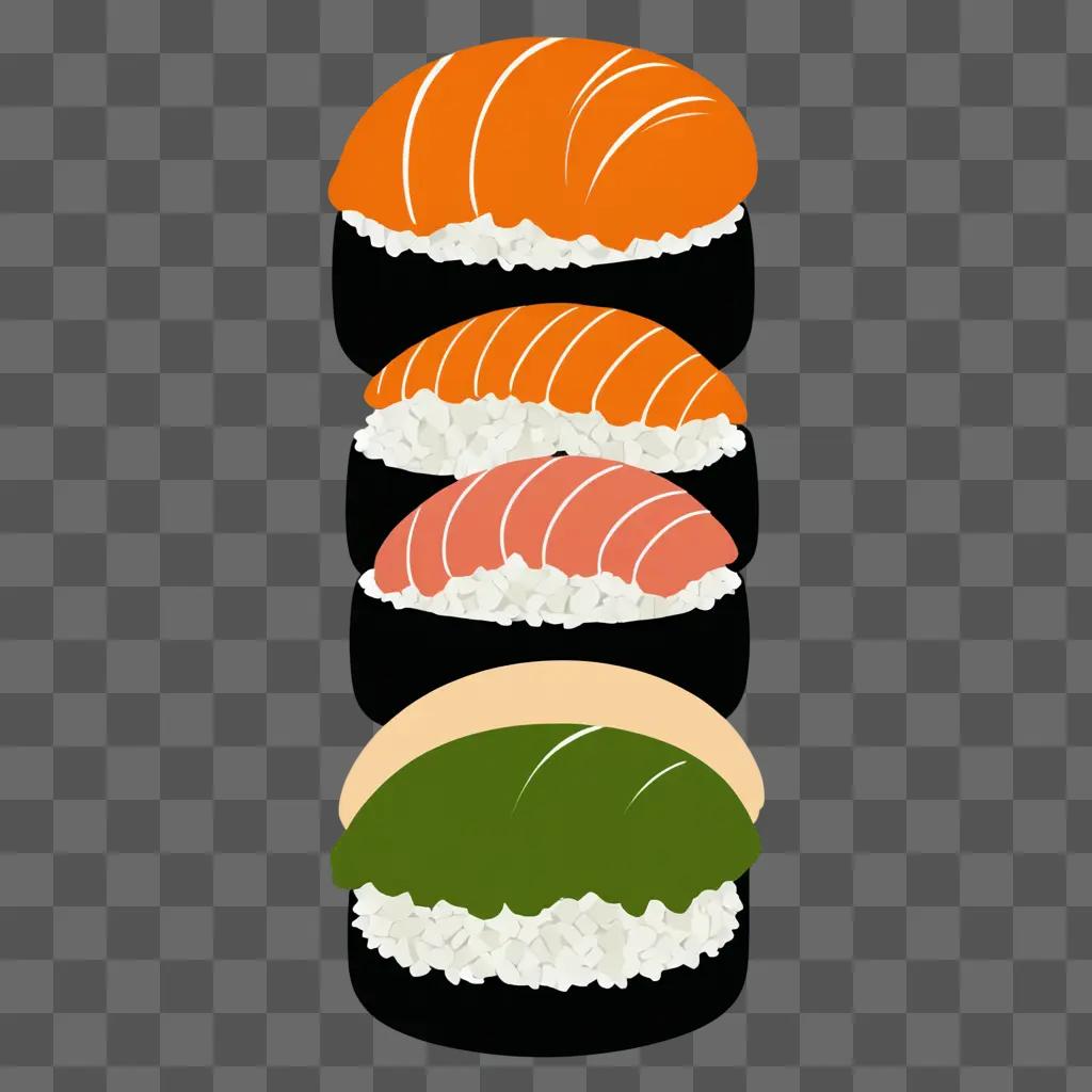 A cute sushi drawing with four different types of fish