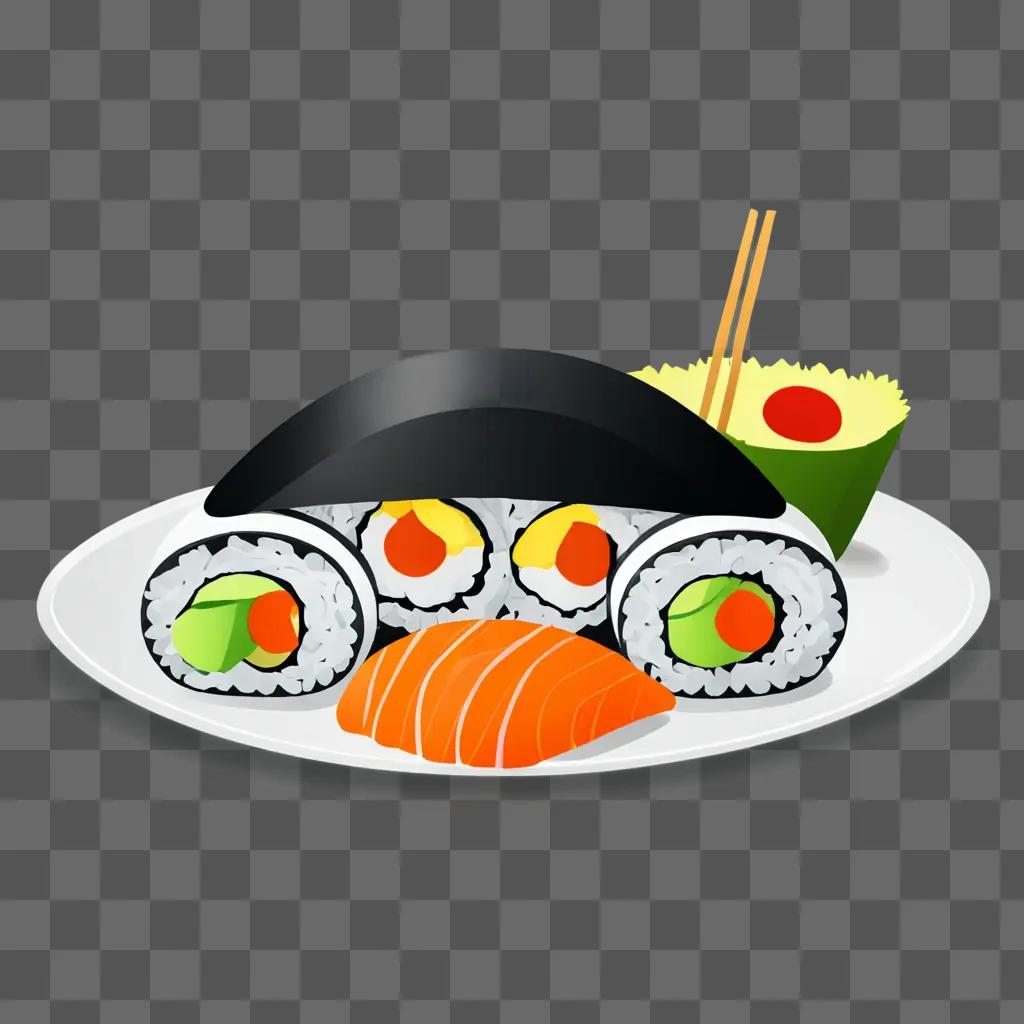 A cute sushi drawing with various types of sushi on a plate