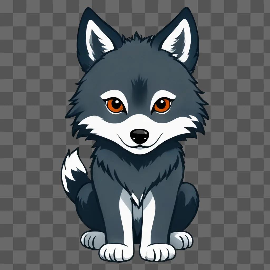 A cute wolf drawing sits in the middle of a gray background