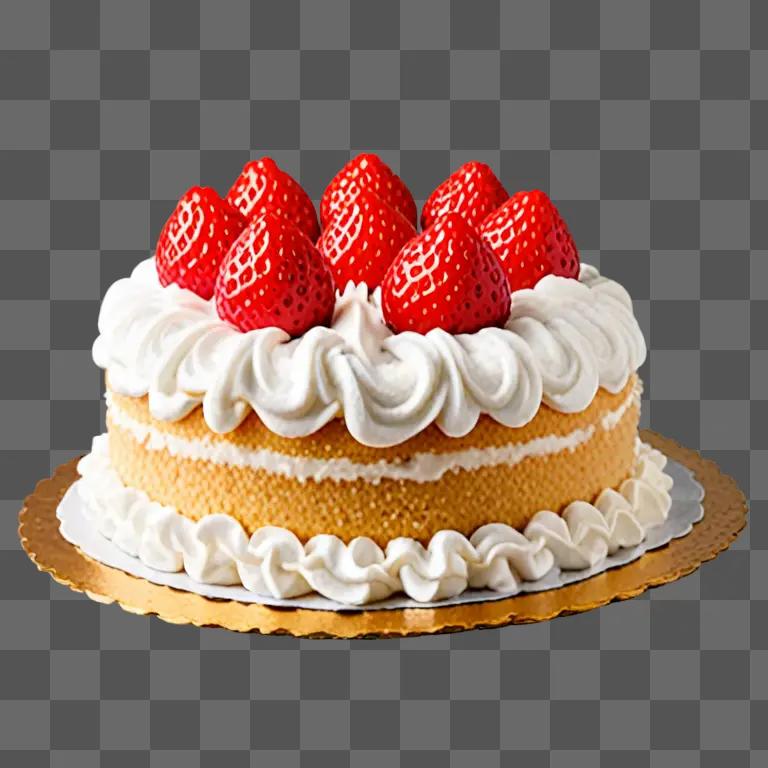 A delicious strawberry cake with a white frosting