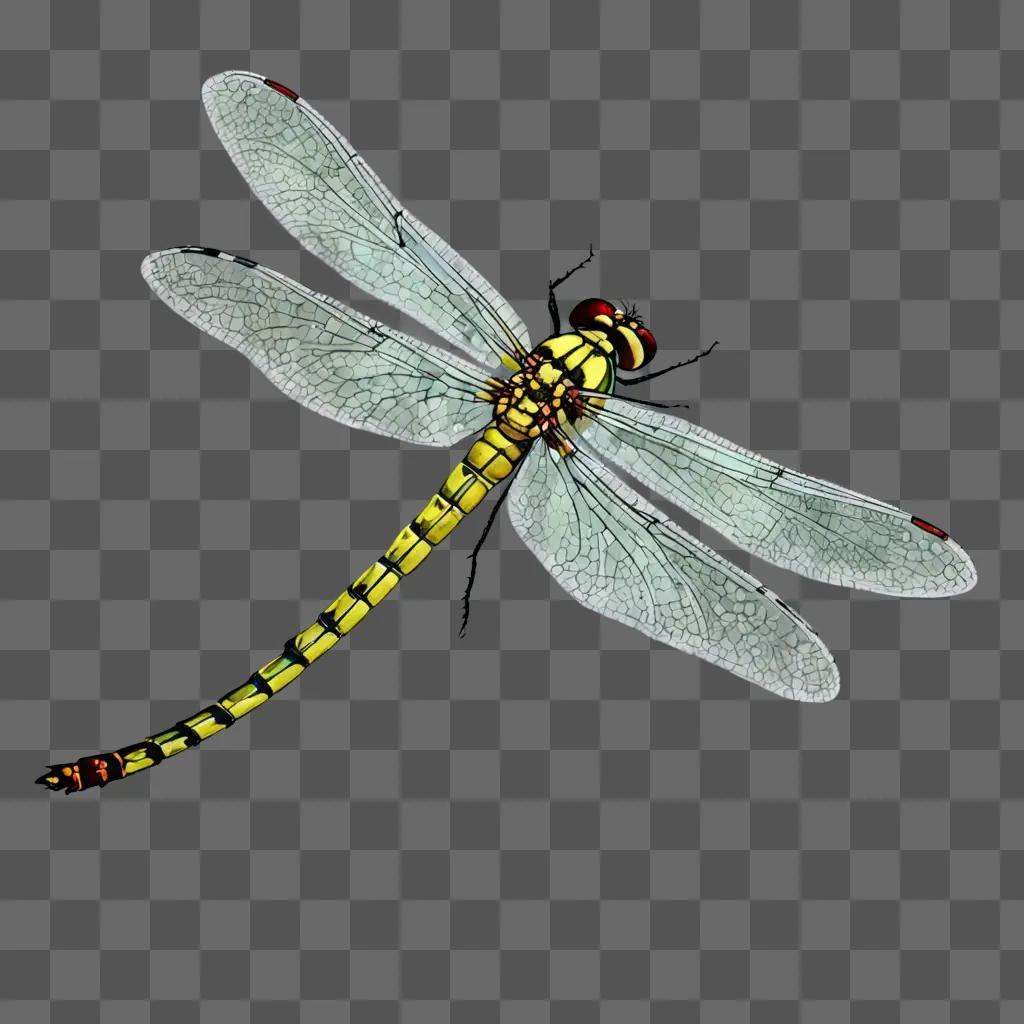 A dragonfly drawing with a yellow body and black wings