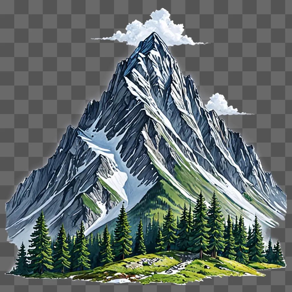 A drawing of a beautiful mountain with snow and green trees