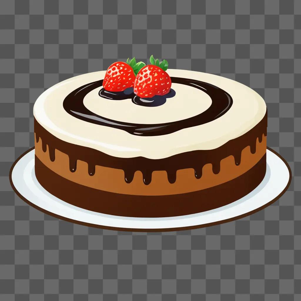 A drawing of a chocolate cake with strawberries on top