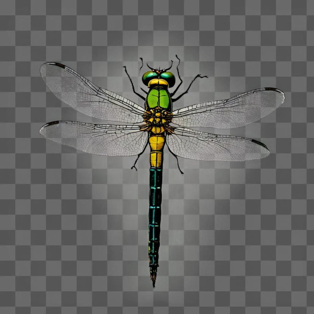 A drawing of a green and yellow dragonfly with blue wings