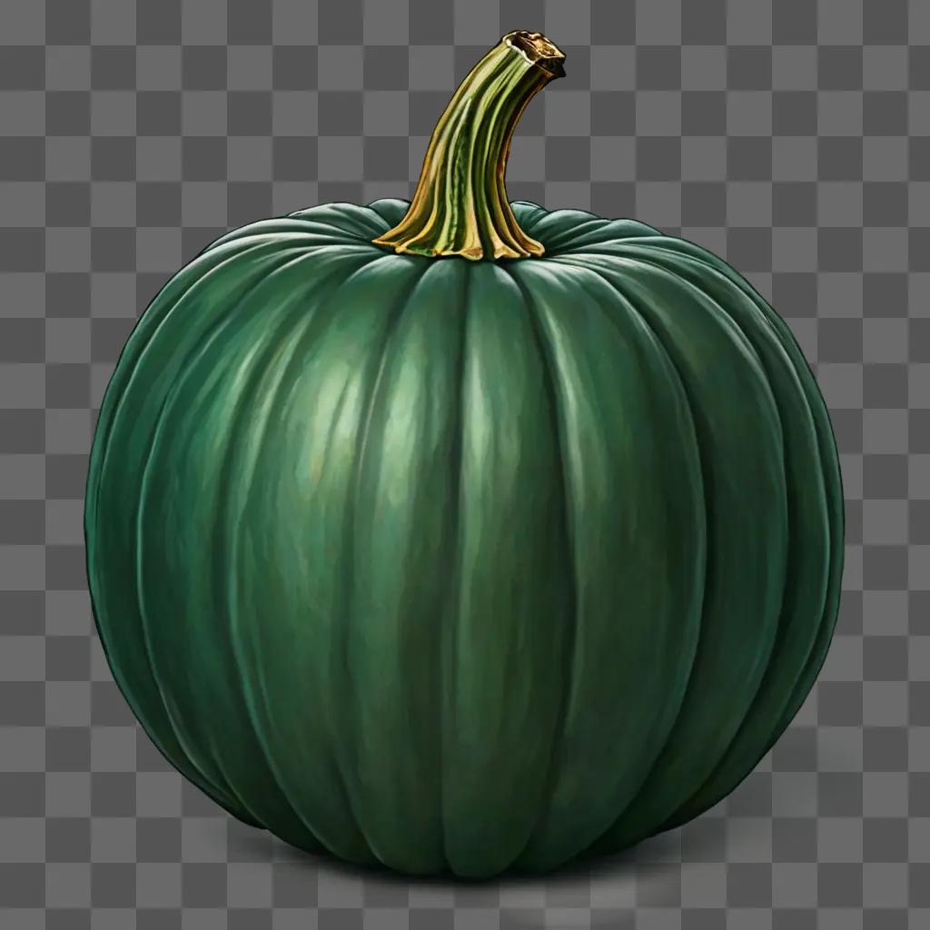 A drawing of a green pumpkin with a gold stem