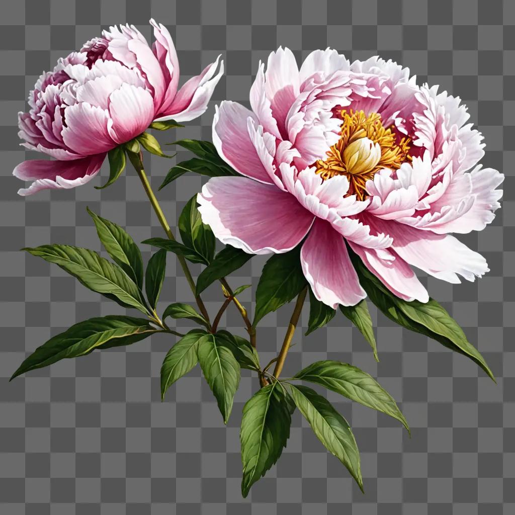 A drawing of a peony flower with green leaves