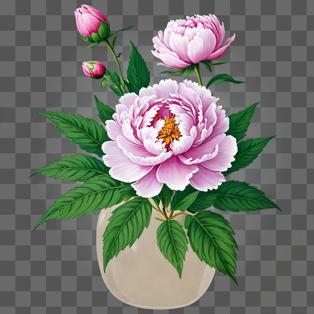 A drawing of a peony flower with leaves and buds