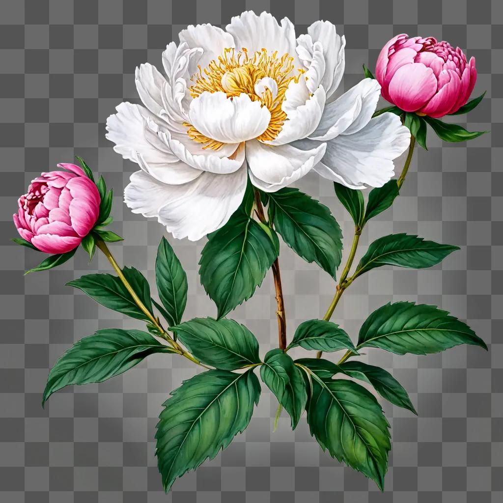 A drawing of a peony flower with three leaves