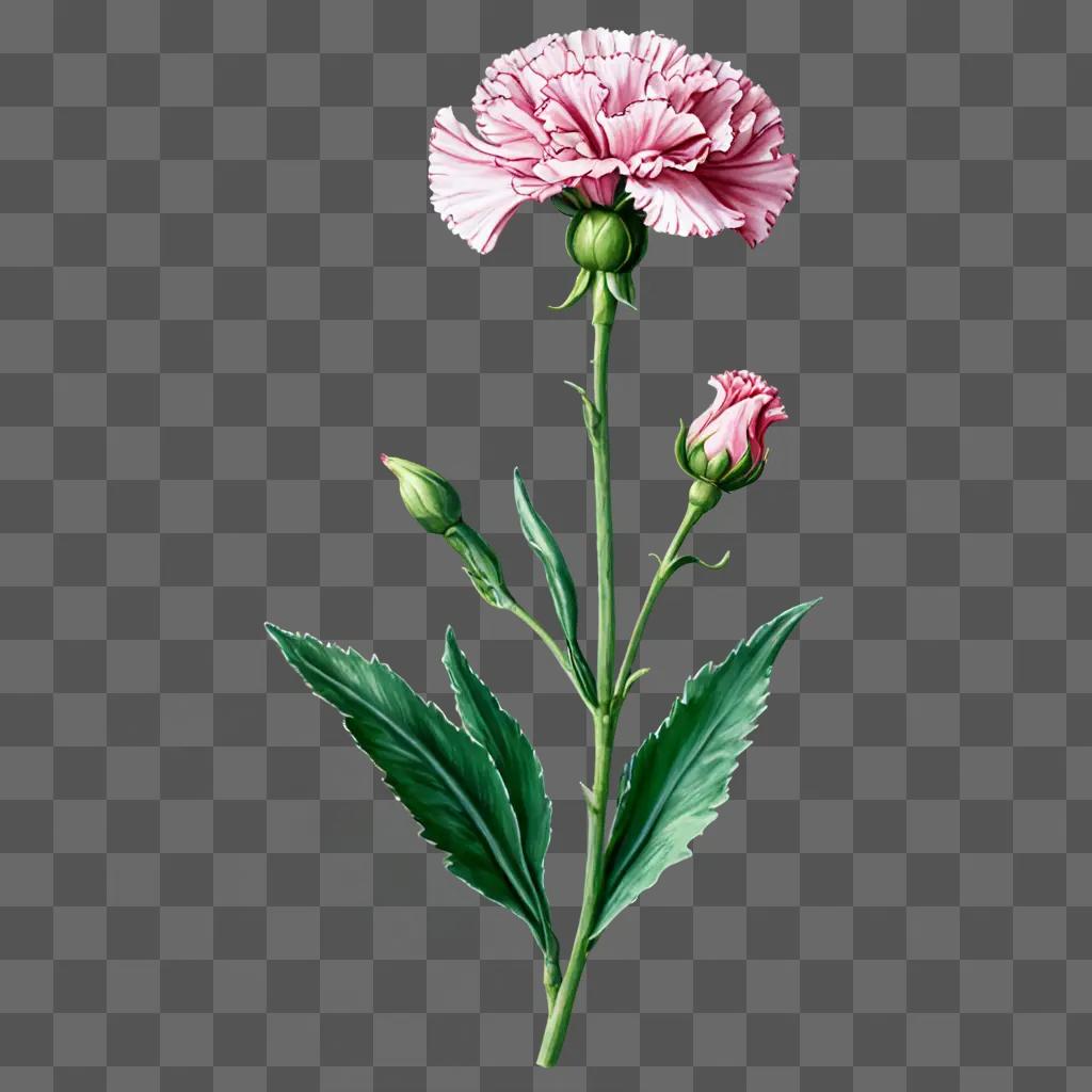 A drawing of a pink carnation flower with green leaves