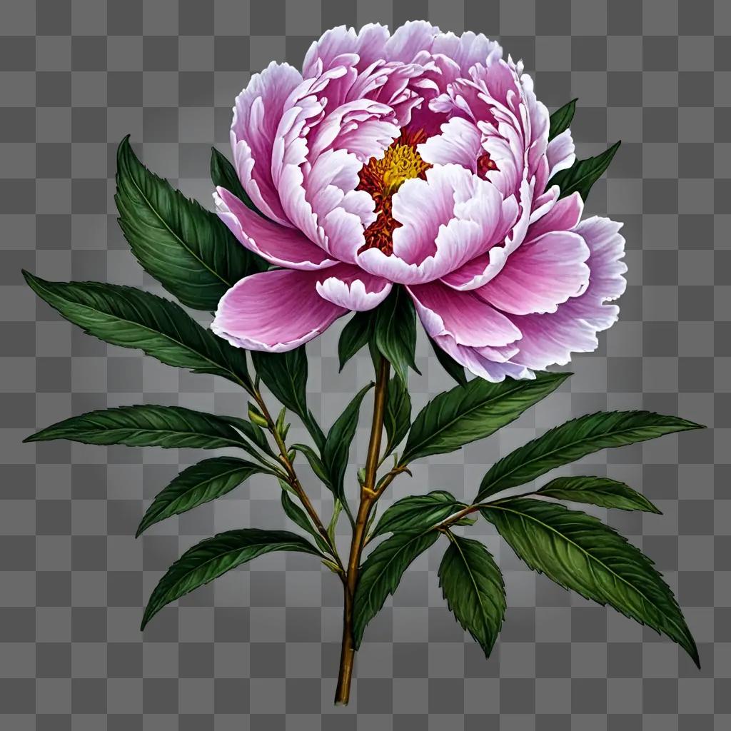 A drawing of a pink peony flower with green leaves