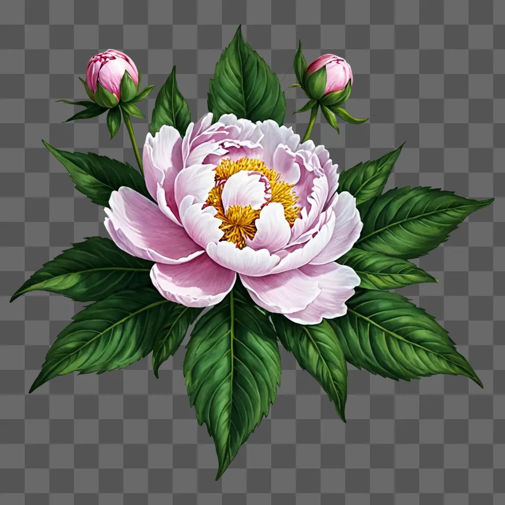 A drawing of a pink peony with green leaves