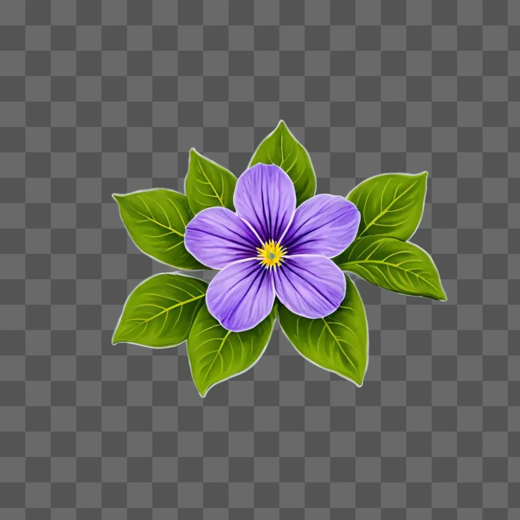 A drawing of a purple flower with green leaves