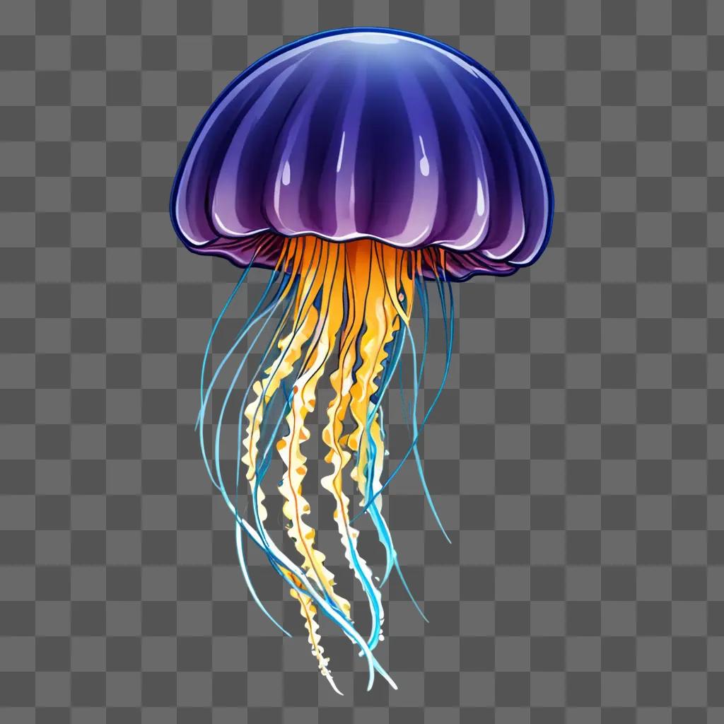 A drawing of a purple jellyfish with yellow tentacles