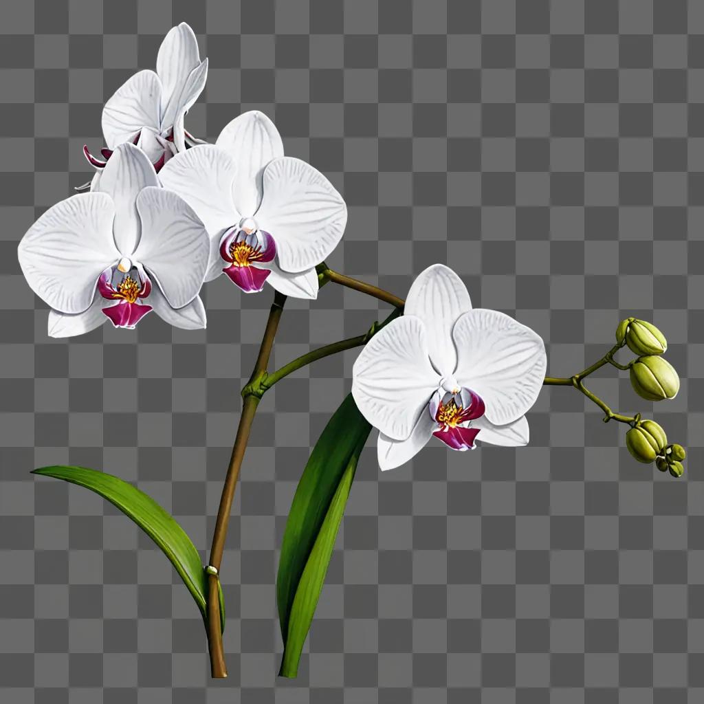 A drawing of a white orchid flower with green leaves