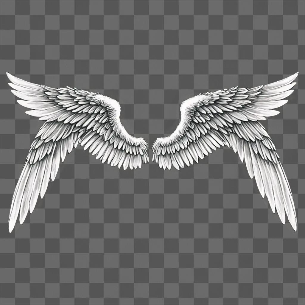 A drawing of realistic angel wings on a gray background