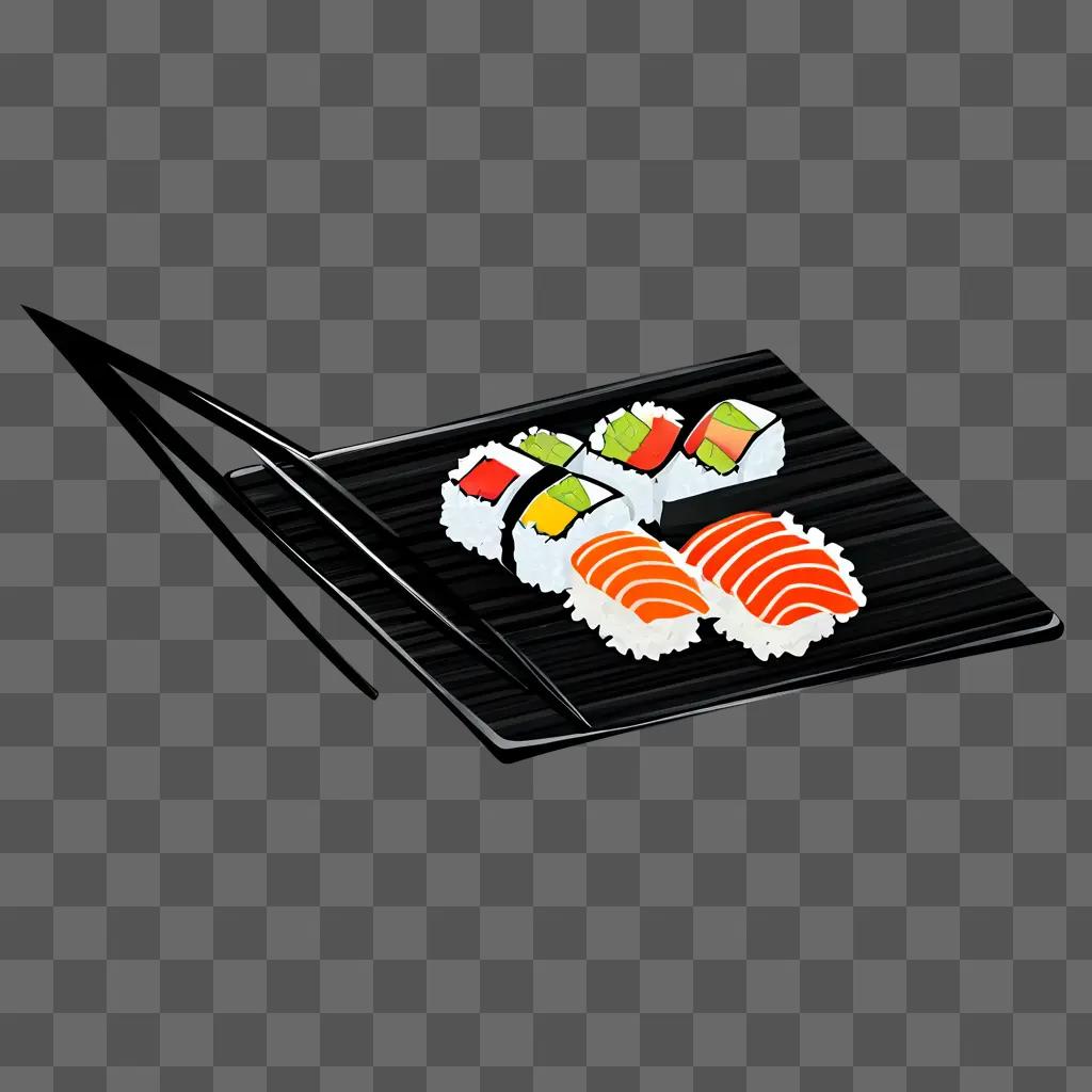 A drawing of sushi on a plate with chopsticks