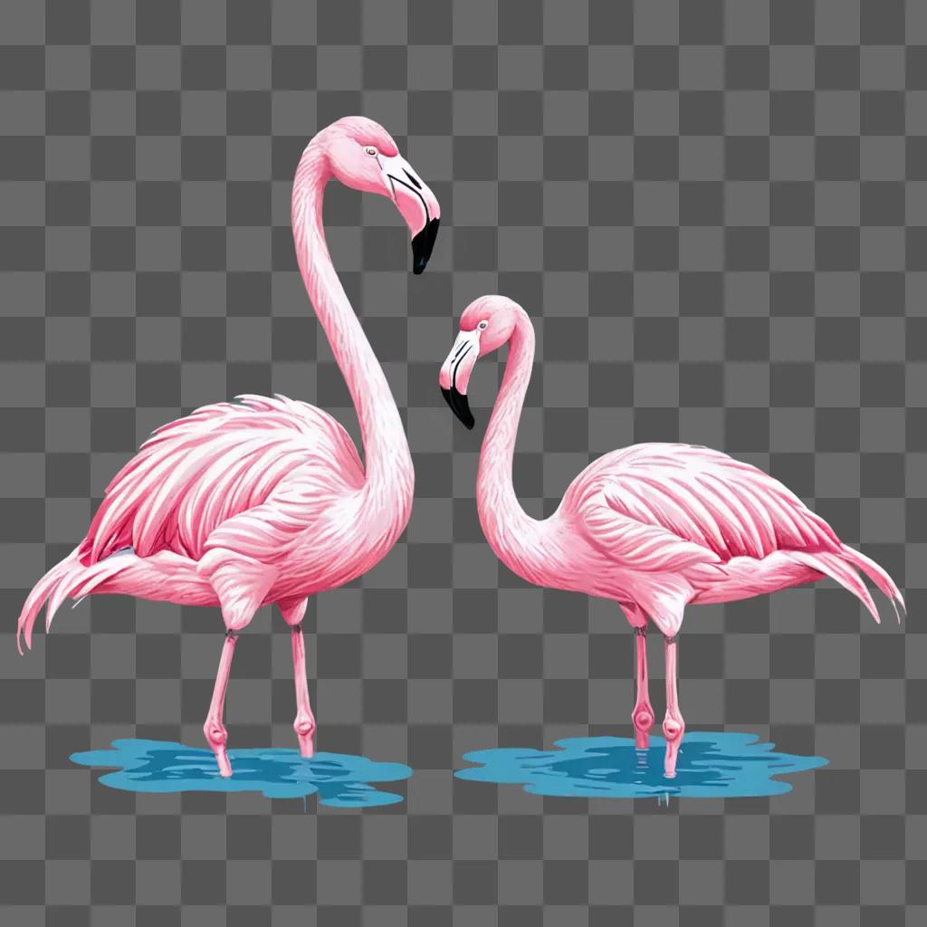 A drawing of two flamingos in a watery background