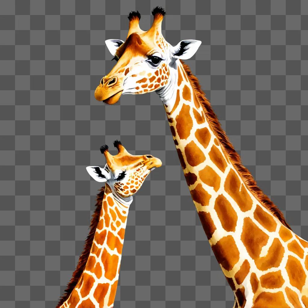 A drawing of two giraffes with a brown background