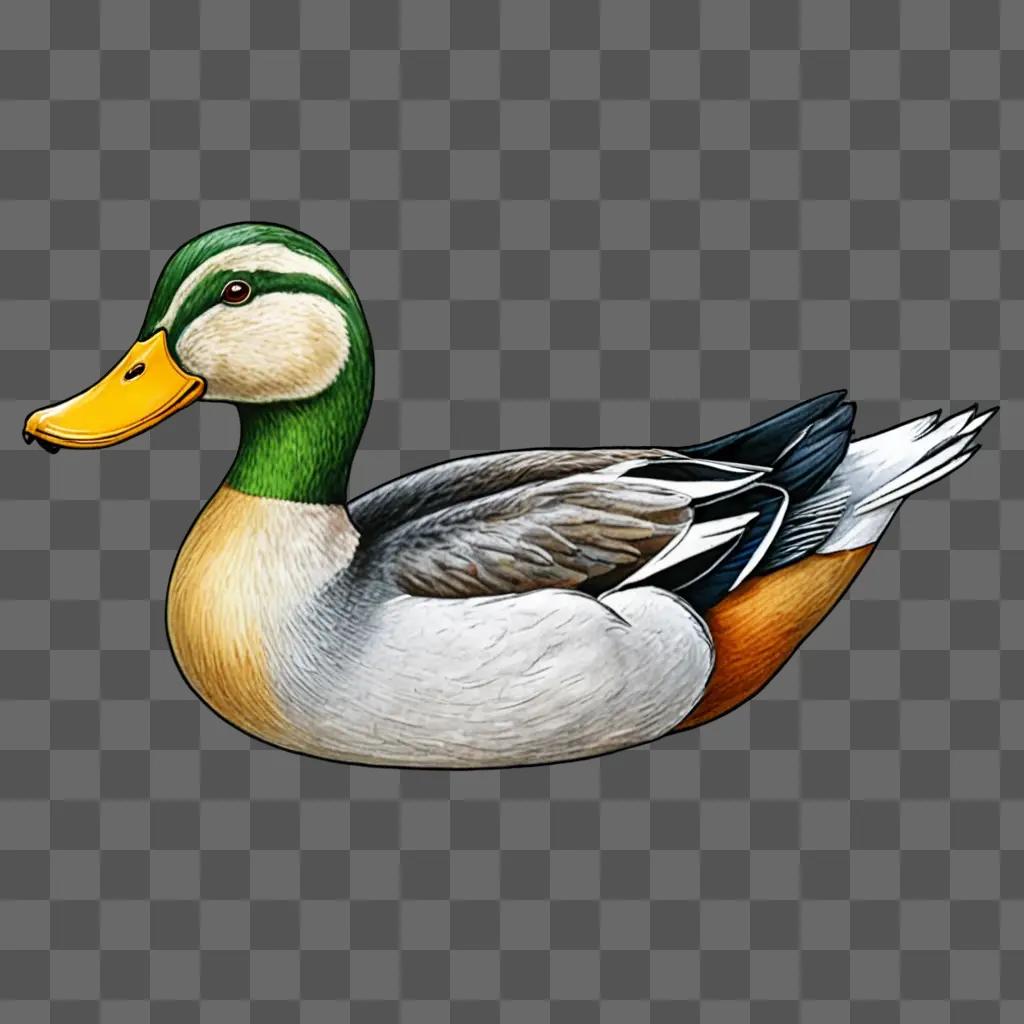 A duck drawing for kids with a yellow beak and green head