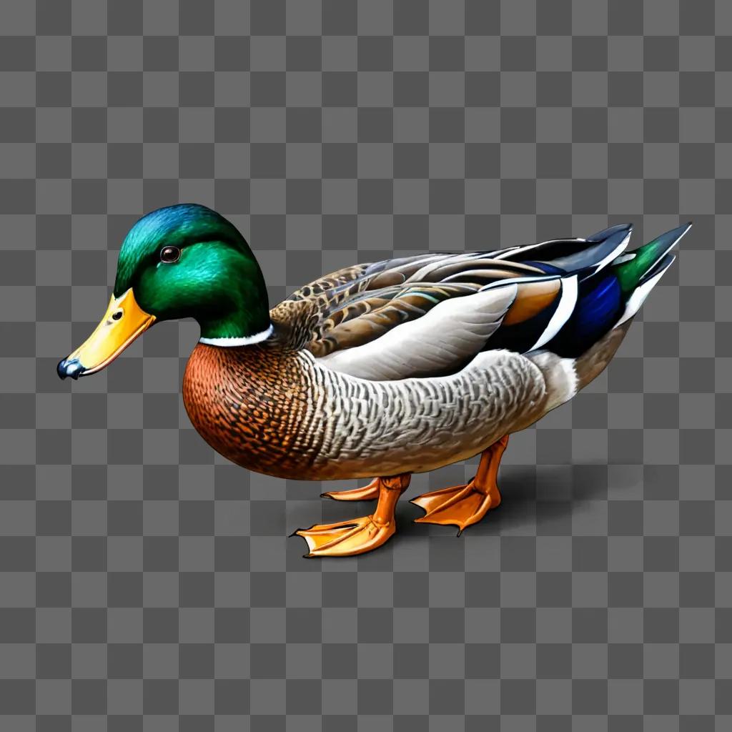 A duck drawing with a green head and orange beak