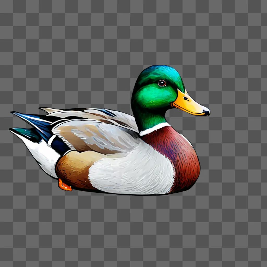 A duck drawing with colour on a grey background