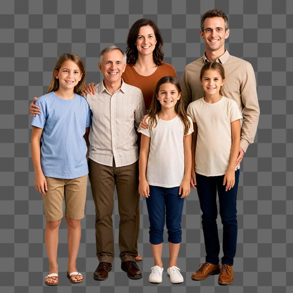 A family of five poses for a picture in front of a transparent background