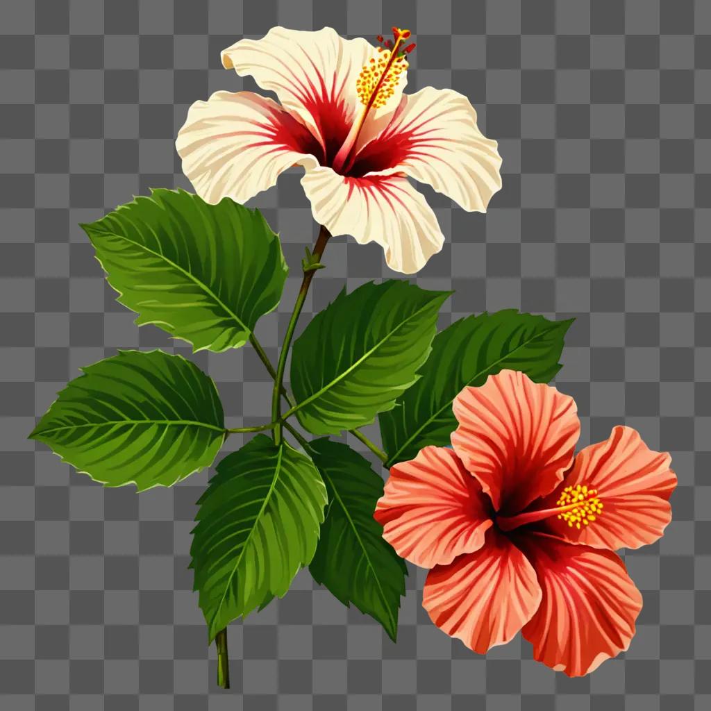 A floral illustration of a red and white hibiscus