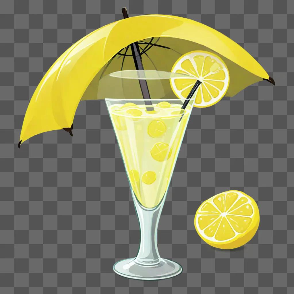 A glass of lemonade with an umbrella and slices of lemon