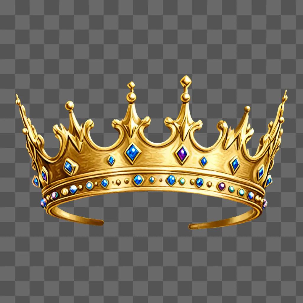 A gold crown with blue and purple stones on a beige background