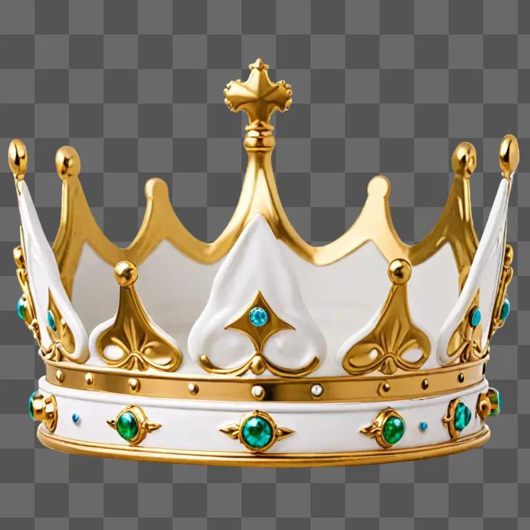 A gold crown with green jewels on a gold background