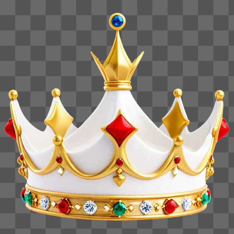 A gold crown with red and green gemstones