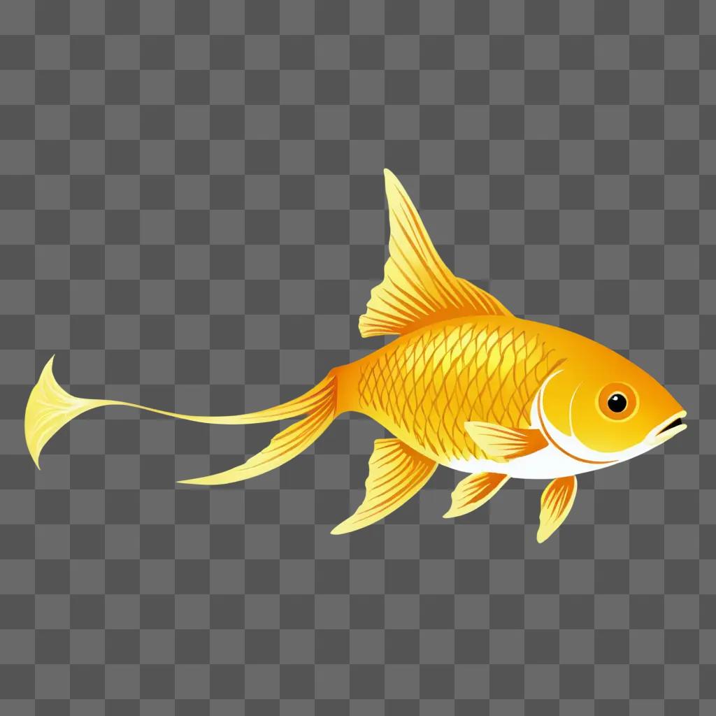 A gold fish is swimming on a yellow background