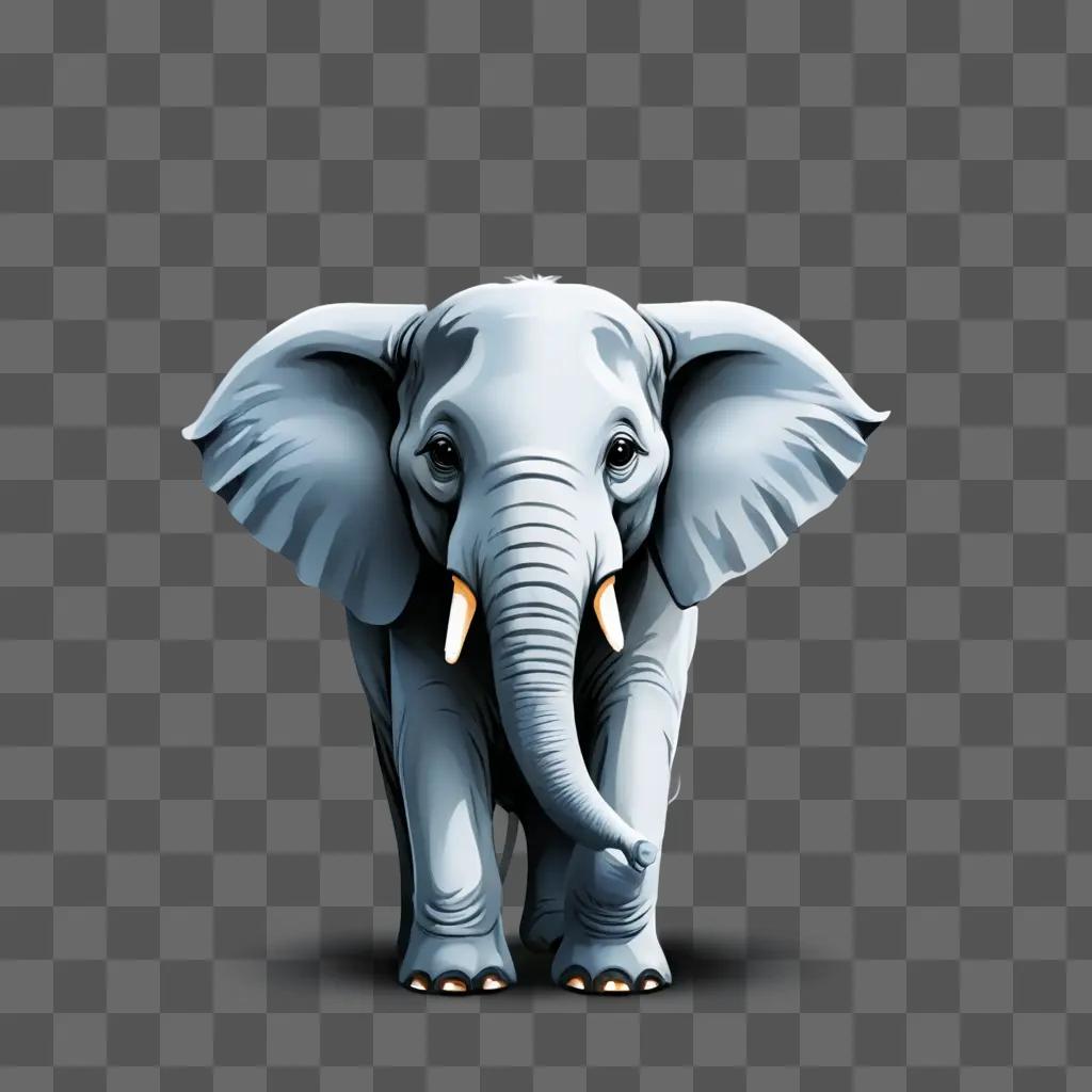 A gray elephant with two tusks is shown in a computer-generated illustration