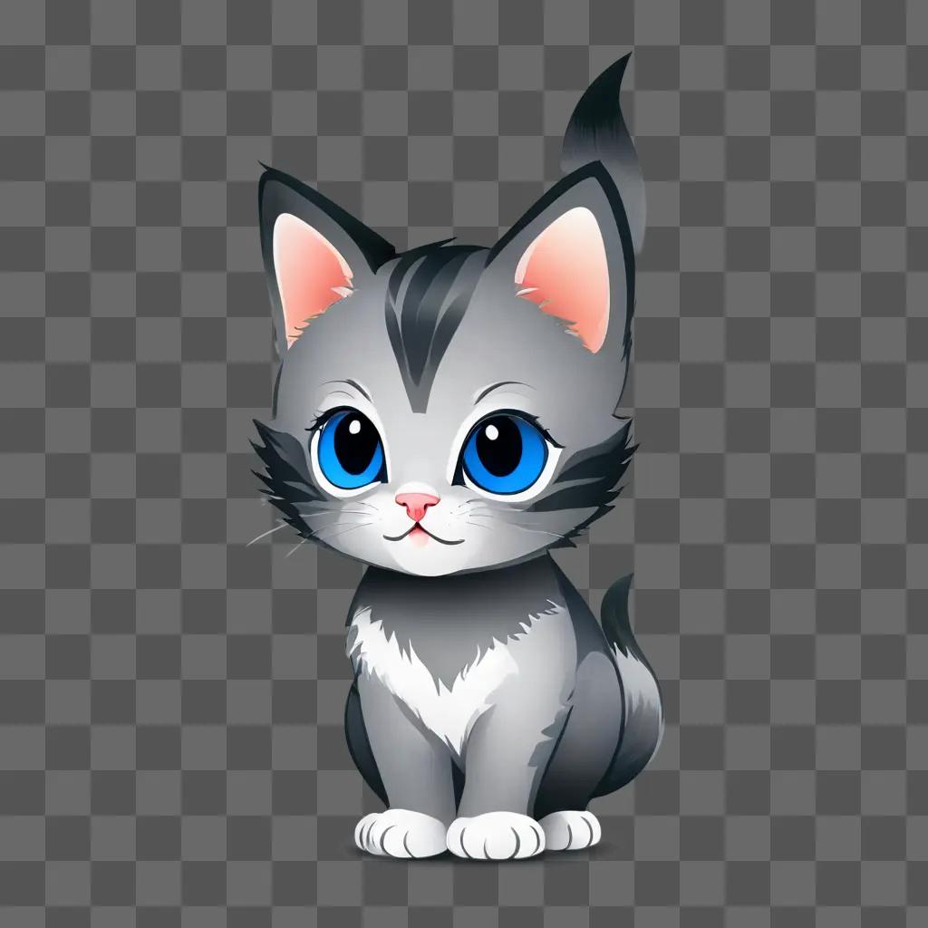 A gray kitten with blue eyes sits in front of a gray background