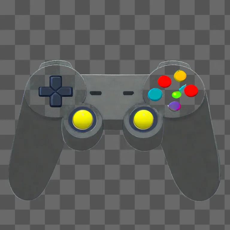 A gray video game controller with colorful buttons