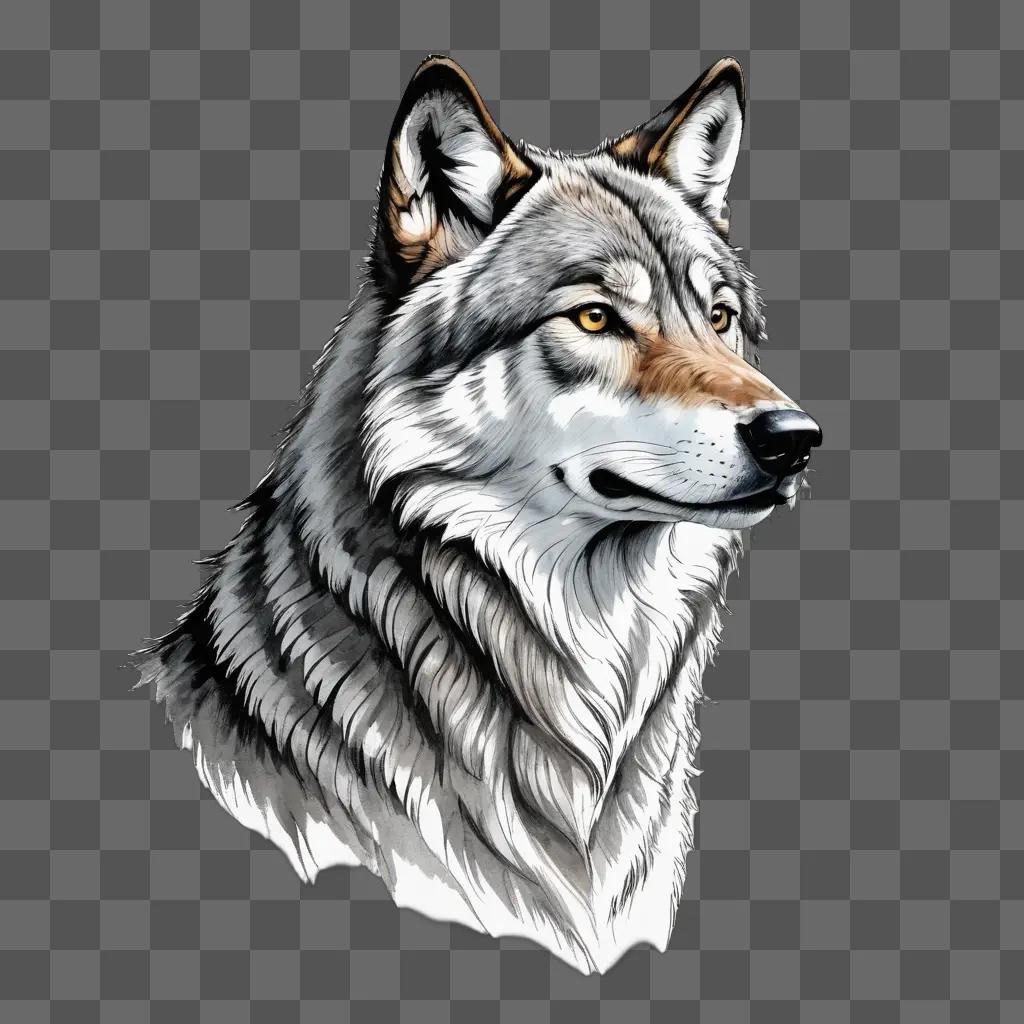 A gray wolf drawing with a black background