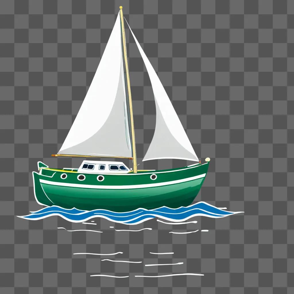 A green boat on water with white sail and blue waves