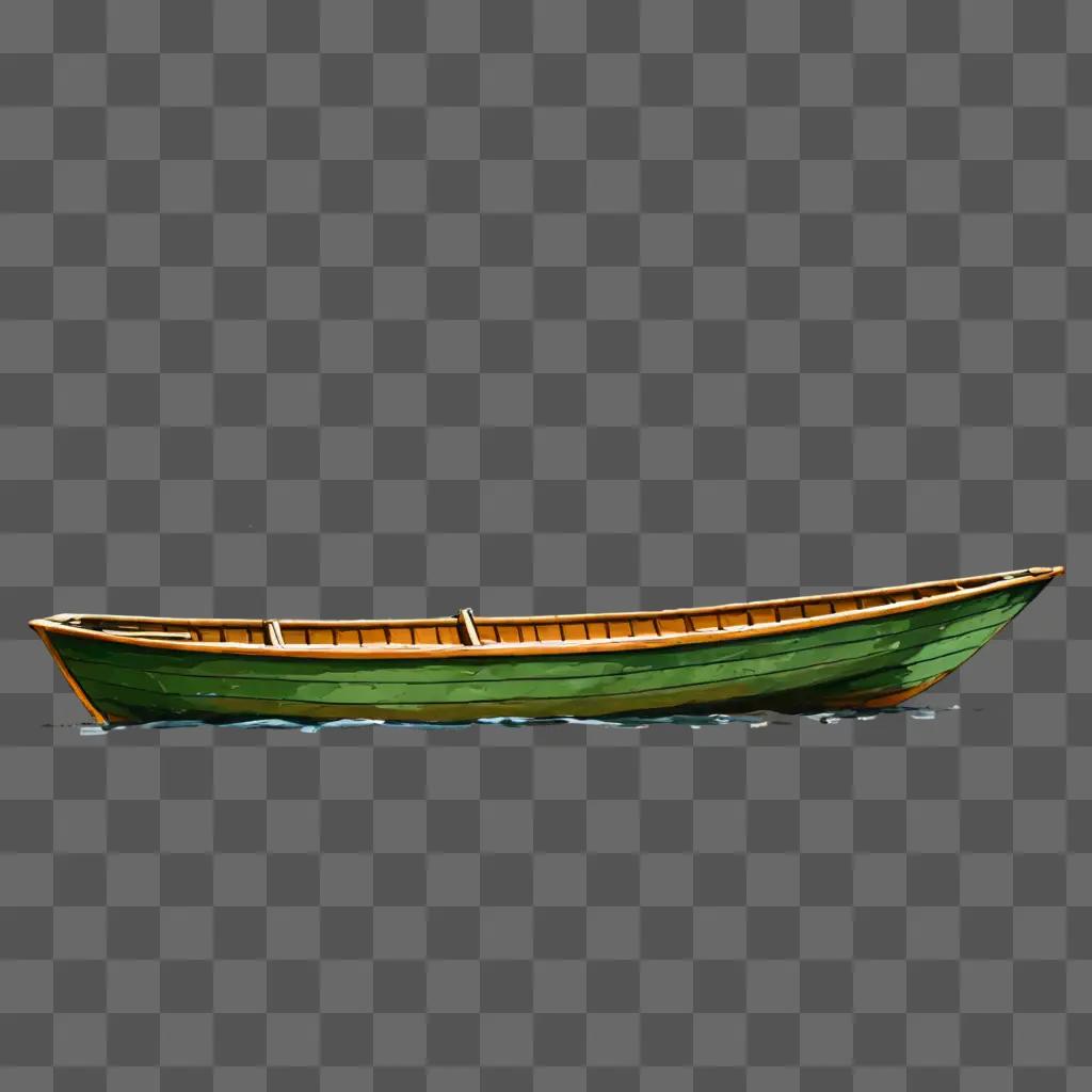 A green boat with an orange bottom and wooden structure