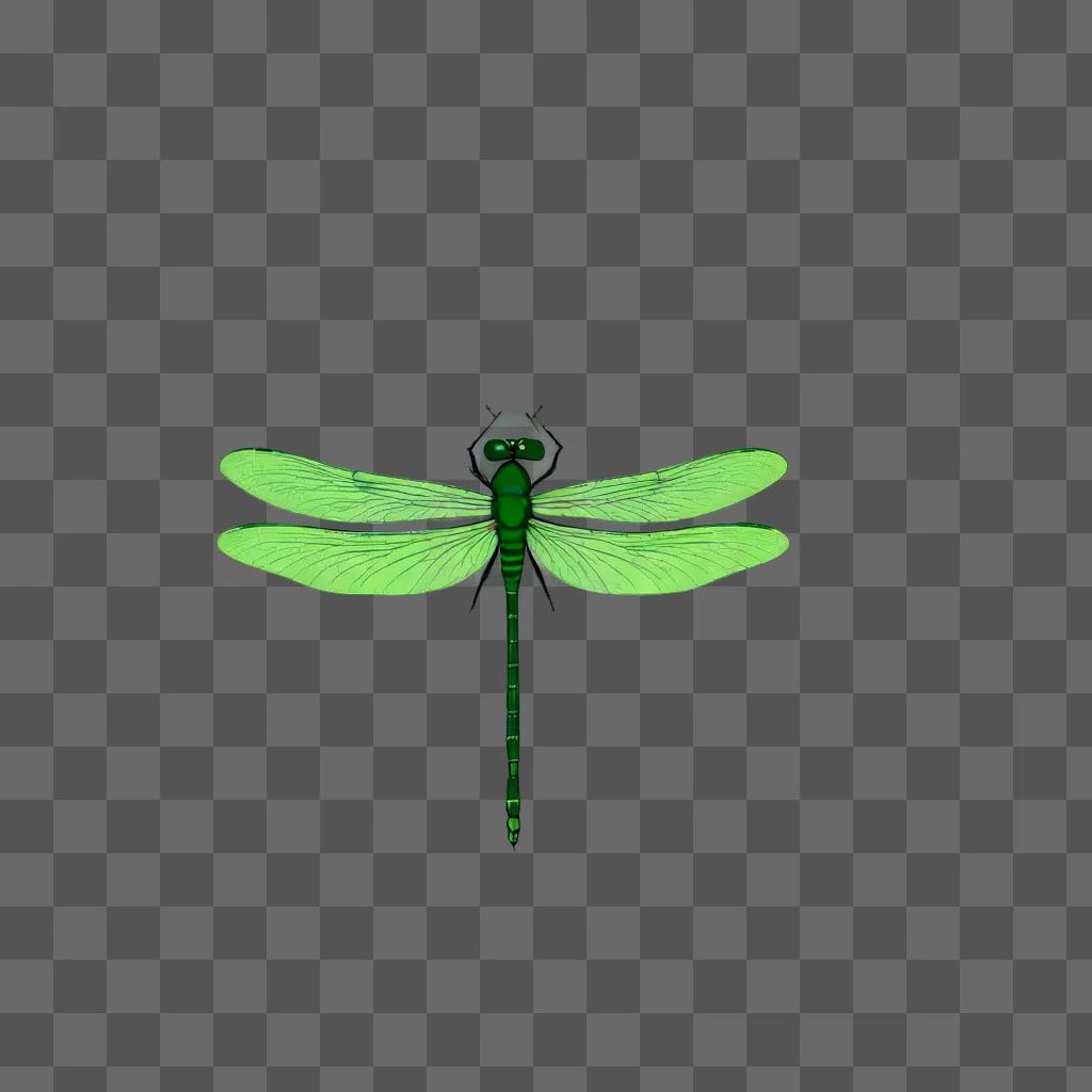 A green dragonfly with black eyes and wings on a green background