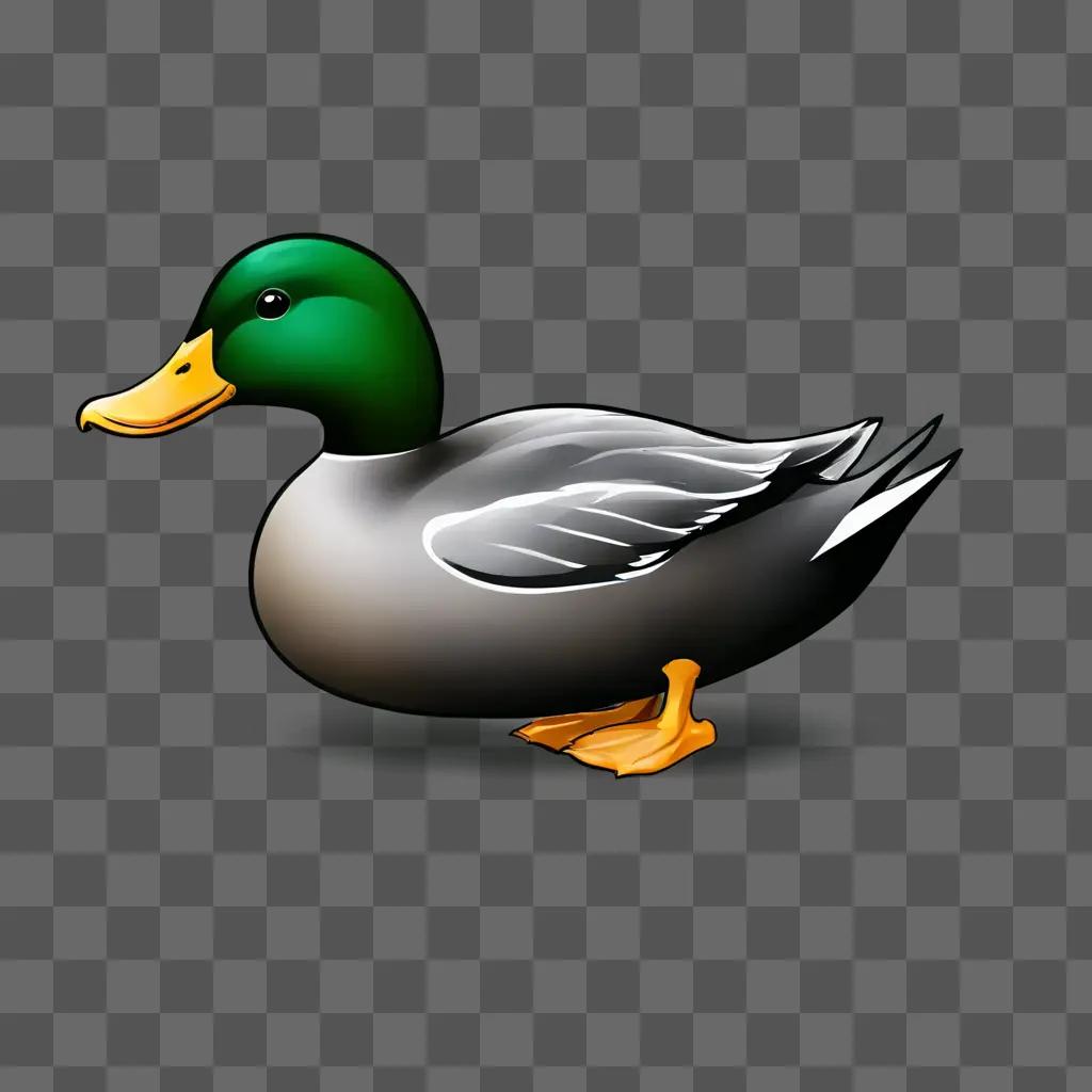 A green duck with a yellow beak drawing on a gray background