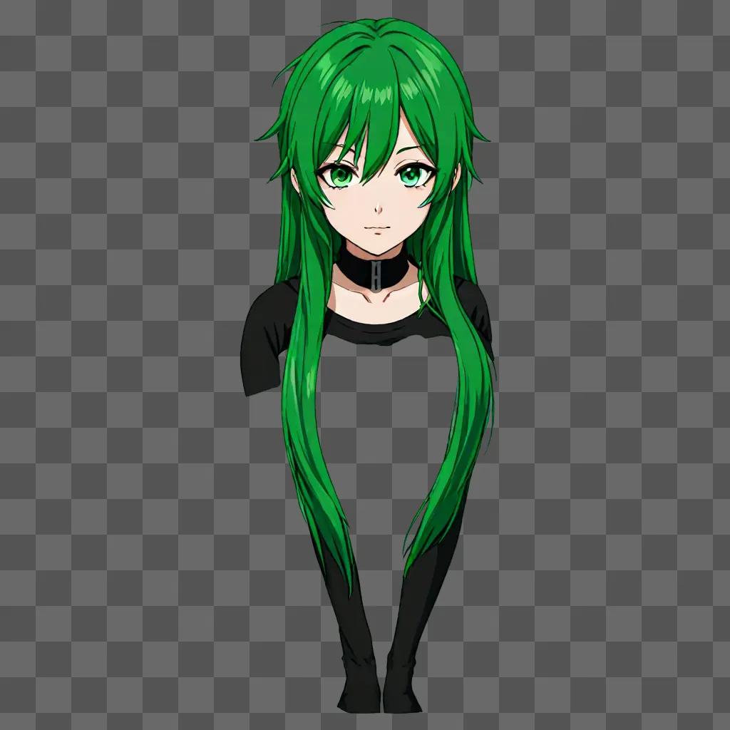 A green-haired anime girl stands in front of a dark background