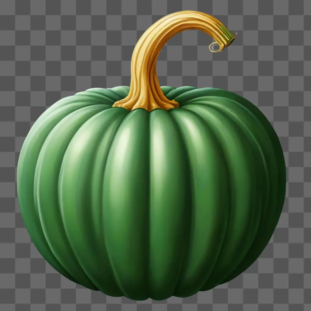 A green pumpkin with a yellow stem