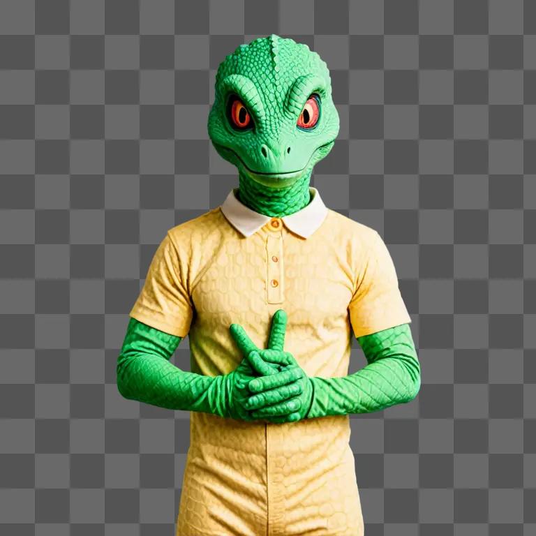 A green reptilian person wearing a yellow suit and gloves