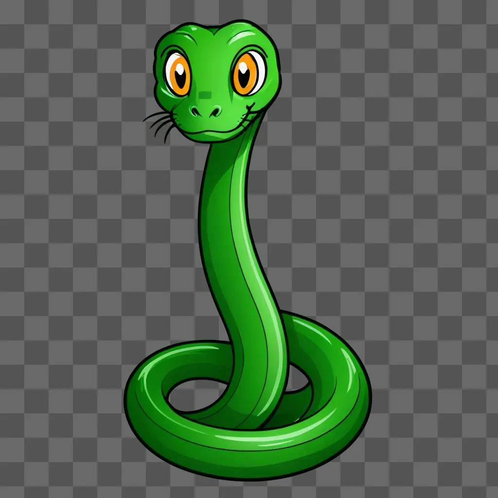 A green snake with a smiling face and yellow eyes is drawn