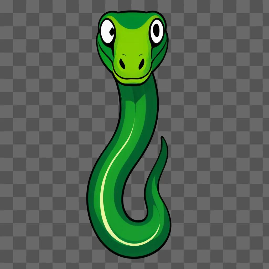 A green snake with big eyes is drawn on a green background