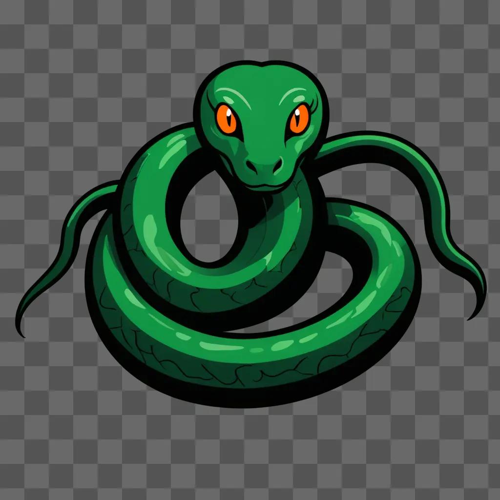 A green snake with orange eyes drawing