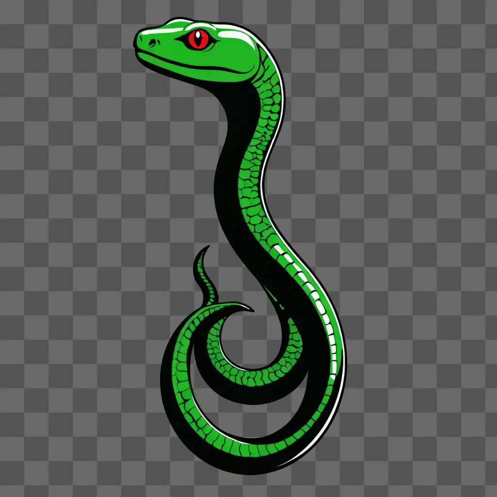 A green snake with red eyes and a black stripe on its side